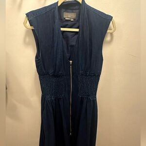 Anthropologie The Tommie Cap-Sleeve Smocked Front-Zip Shirt Dress Navy PM